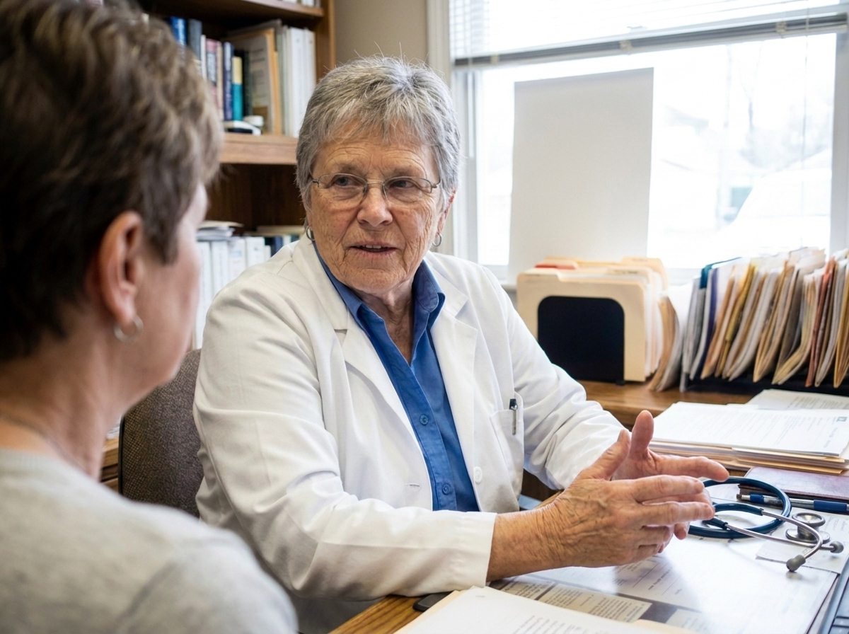 Female doctor in white coat reviewing medical charts and research papers about PFOA exposure, looking concerned in medical office