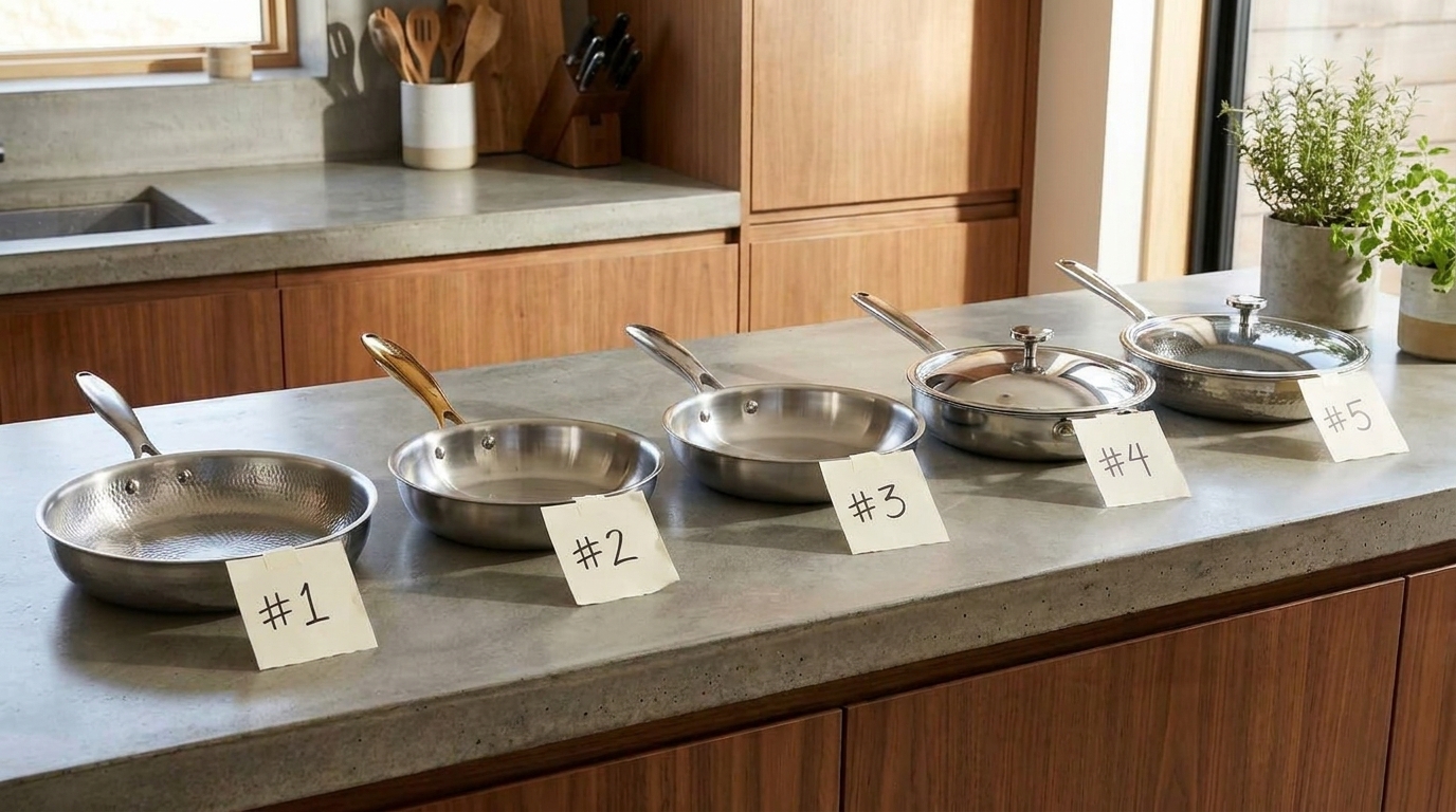 All 5 titanium pans lined up on a kitchen counter, labeled #1 to #5