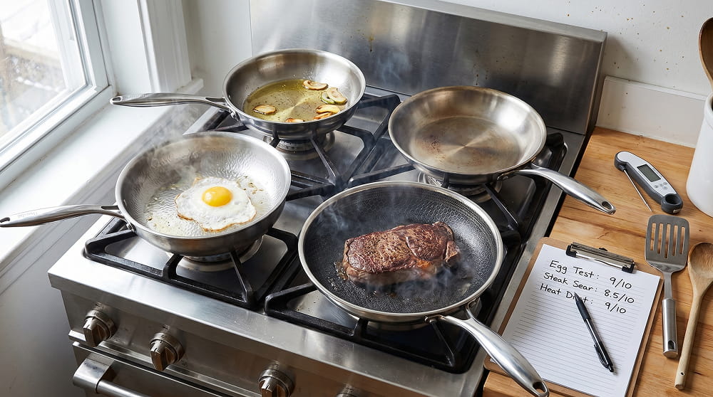 Four titanium pans being tested side by side on a stovetop — egg, steak sear and heat tests with a scoring clipboard