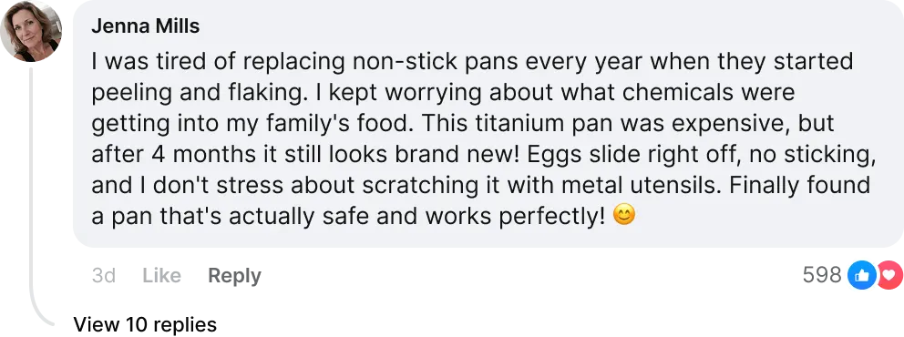 Customer comment from Jenna Mills about switching to the titanium pan