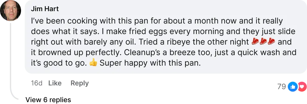 Customer comment from Jim Hart about cooking eggs and steak